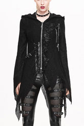 Black Vintage Hooded With Leather Details Women's Punk Jackets